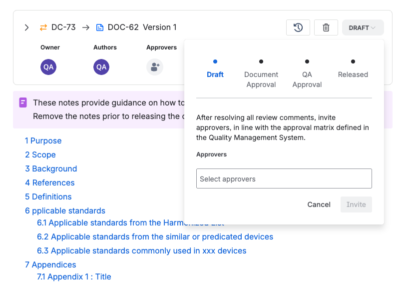 The approver picker on the document’s Draft status.