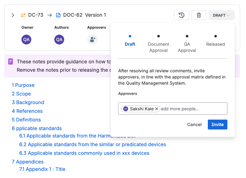 Invite sends the review request to every approver by email.