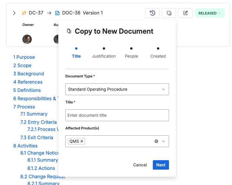 The document type, the new title, and the affected products.