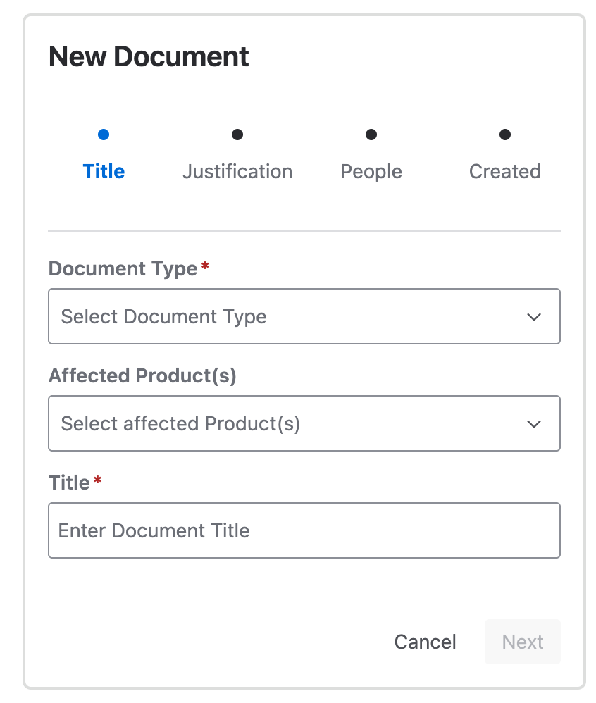 The first wizard step: template, title, and affected products.