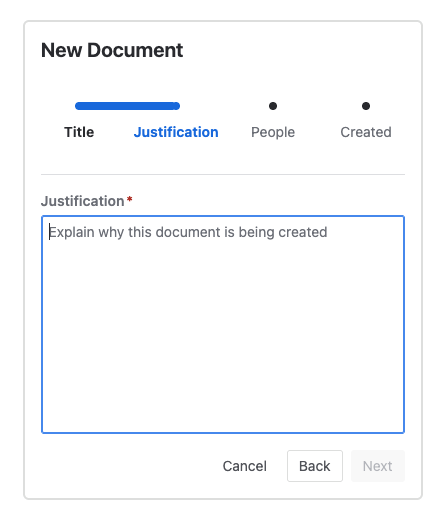 The Justification step, with a free-text field for why the document is being created.