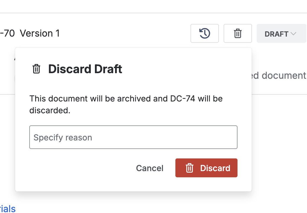 The reason field QA fills in before confirming the discard.