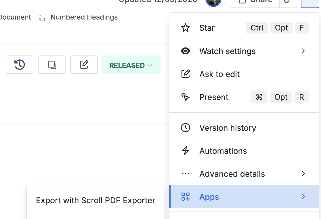 The three-dot menu, with Apps open and the Scroll PDF Exporter entry showing.