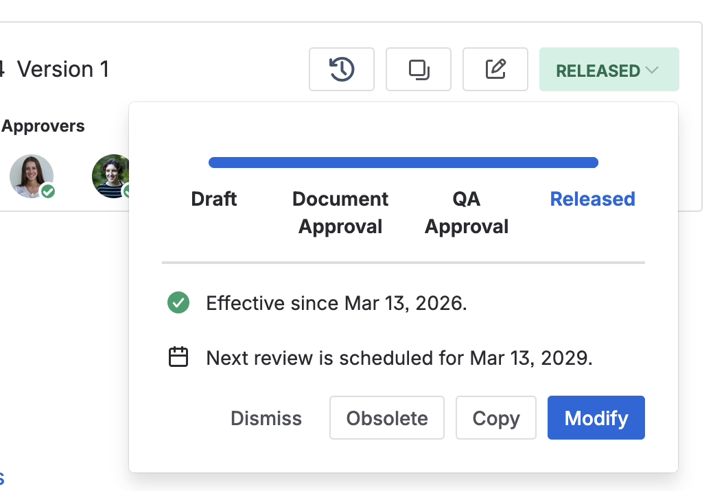 The status panel on a released document, offering Obsolete, Copy, and Modify, above the date its next review falls due.