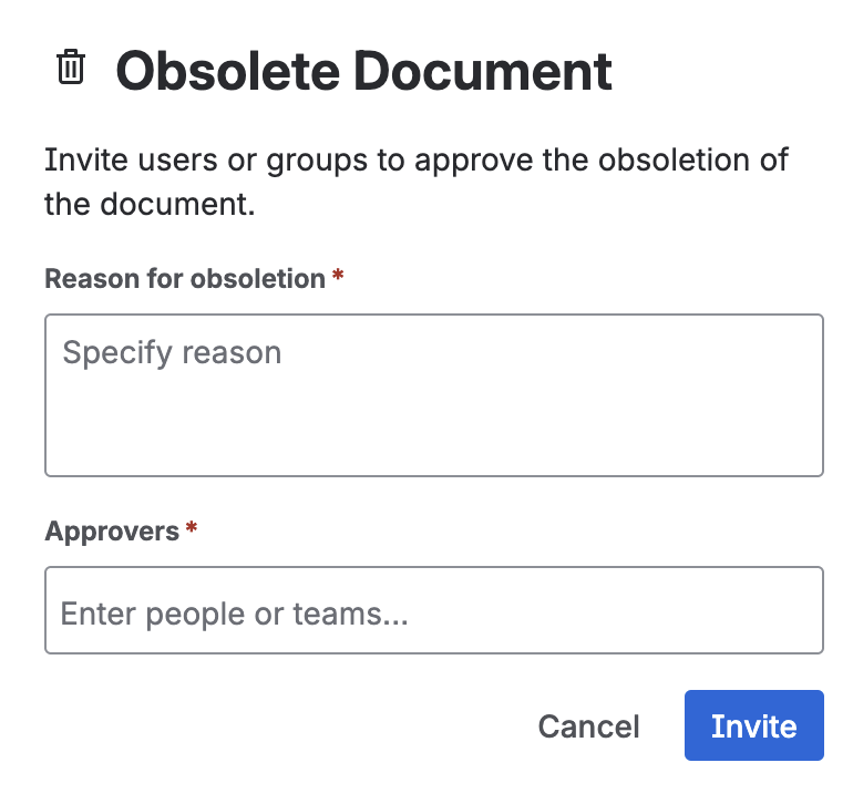 The reason field and the approver picker for the obsoletion.