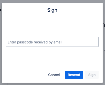 The Sign dialog, with the passcode field and a Resend option.