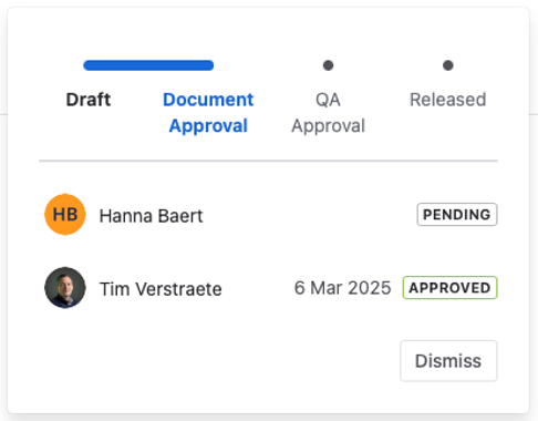 Each approver listed with their decision and the date they signed, some approved and some still pending.