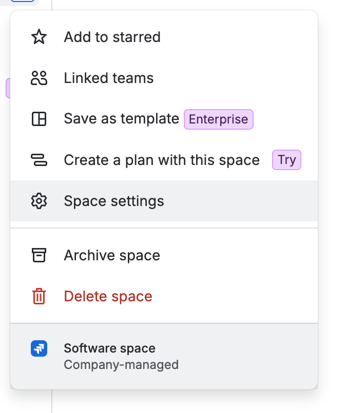 The space menu with Space settings selected. The footer names the space type, which is where you can confirm it is company-managed.