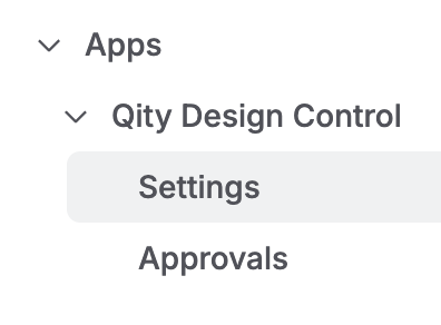The settings sidebar expanded to Apps, then Qity Design Control, with Settings selected and Approvals below it.