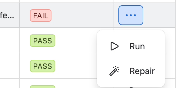 The Actions menu open on a row with a Fail result, offering Run and Repair.