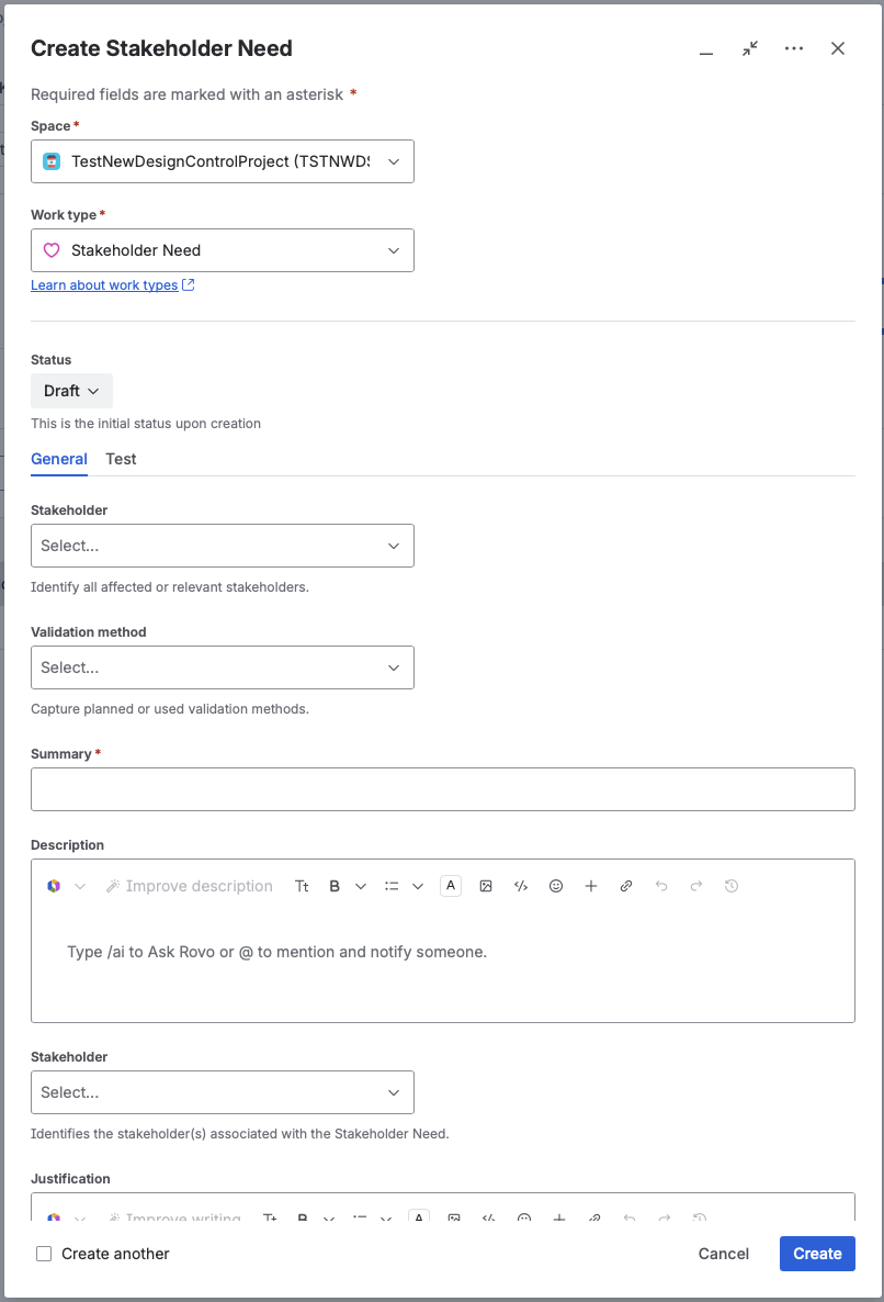 The create dialog for a Stakeholder Need, with the Stakeholder, Validation method, Summary, and Description fields.