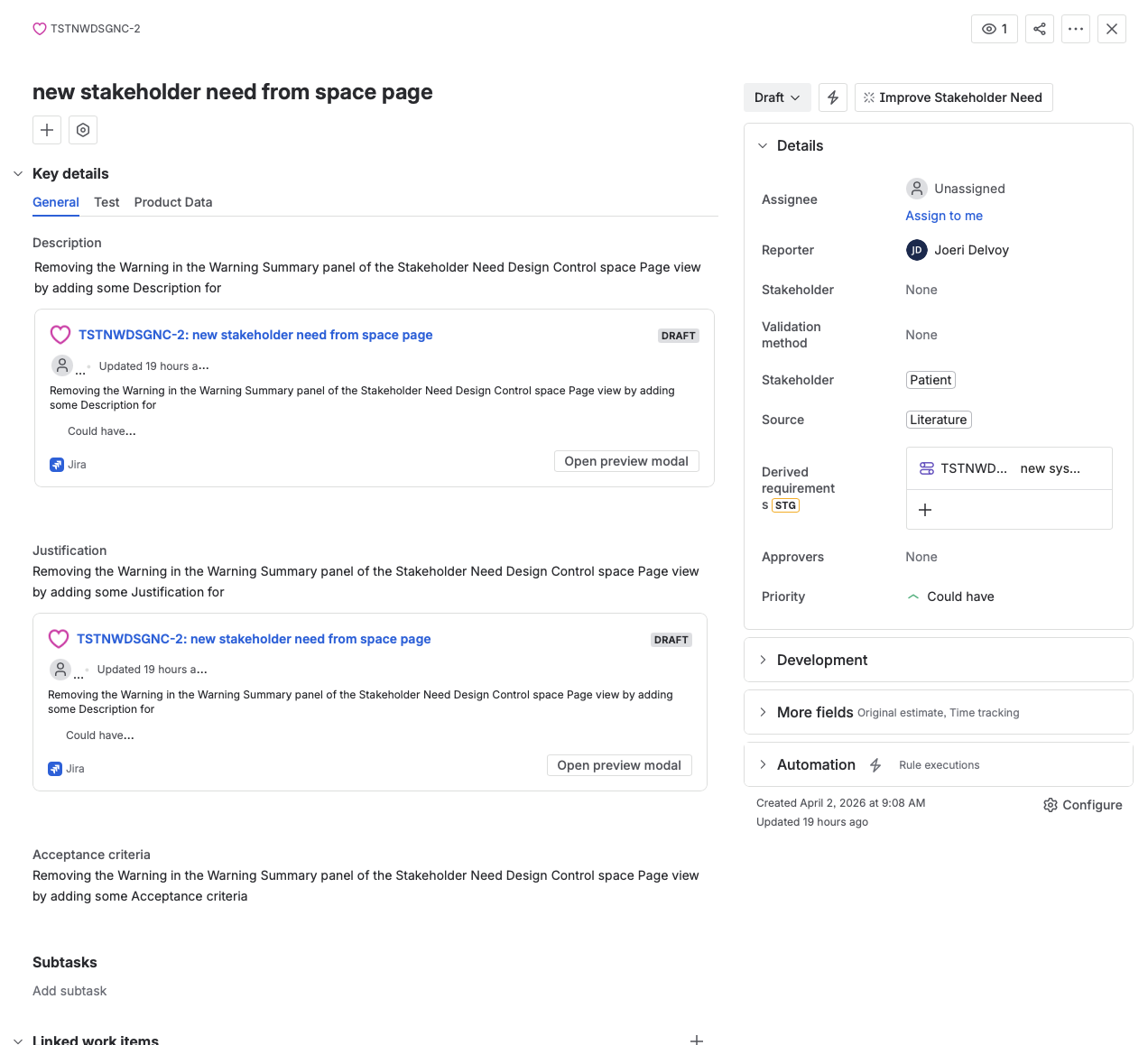 The Stakeholder Need work item, with Description and Justification on the left and Assignee, Stakeholder, Source, Derived requirements, Approvers, and Priority on the details panel at right.