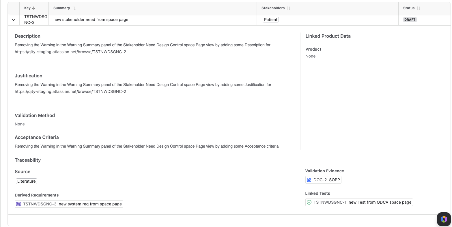 The details panel expanded under a stakeholder need row, showing its Description, Justification, Acceptance criteria, and Traceability links to a derived requirement, validation evidence, and a linked test.