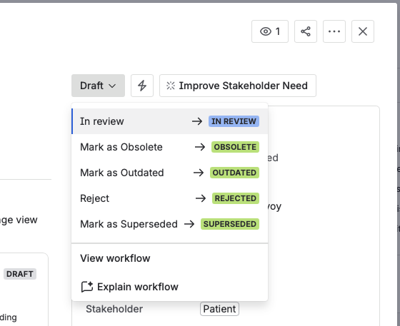The status dropdown from Draft, with In review highlighted alongside Mark as Obsolete, Mark as Outdated, Reject, and Mark as Superseded.
