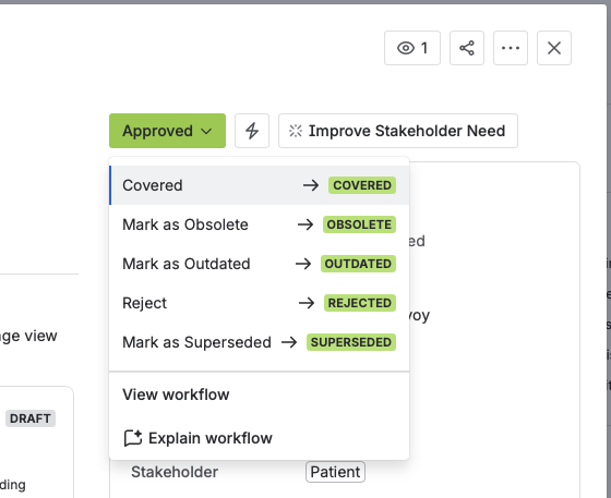 The status dropdown from Approved, with Covered highlighted alongside Mark as Obsolete, Mark as Outdated, Reject, and Mark as Superseded.