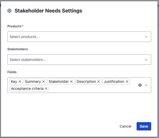 The Stakeholder Needs macro settings, with Products, Stakeholders, and the Fields chosen for import.