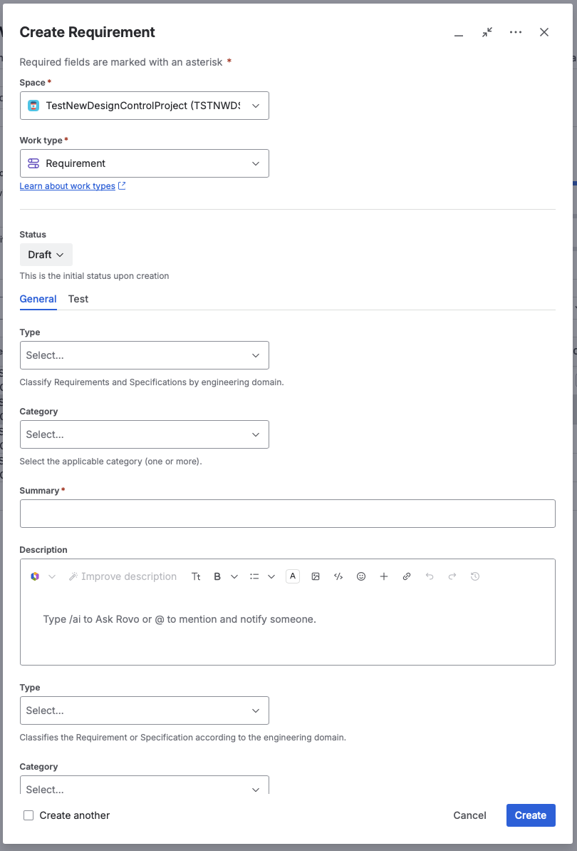 The Create Requirement dialog, with the work type set to Requirement and fields for Type, Category, Summary, and Description.