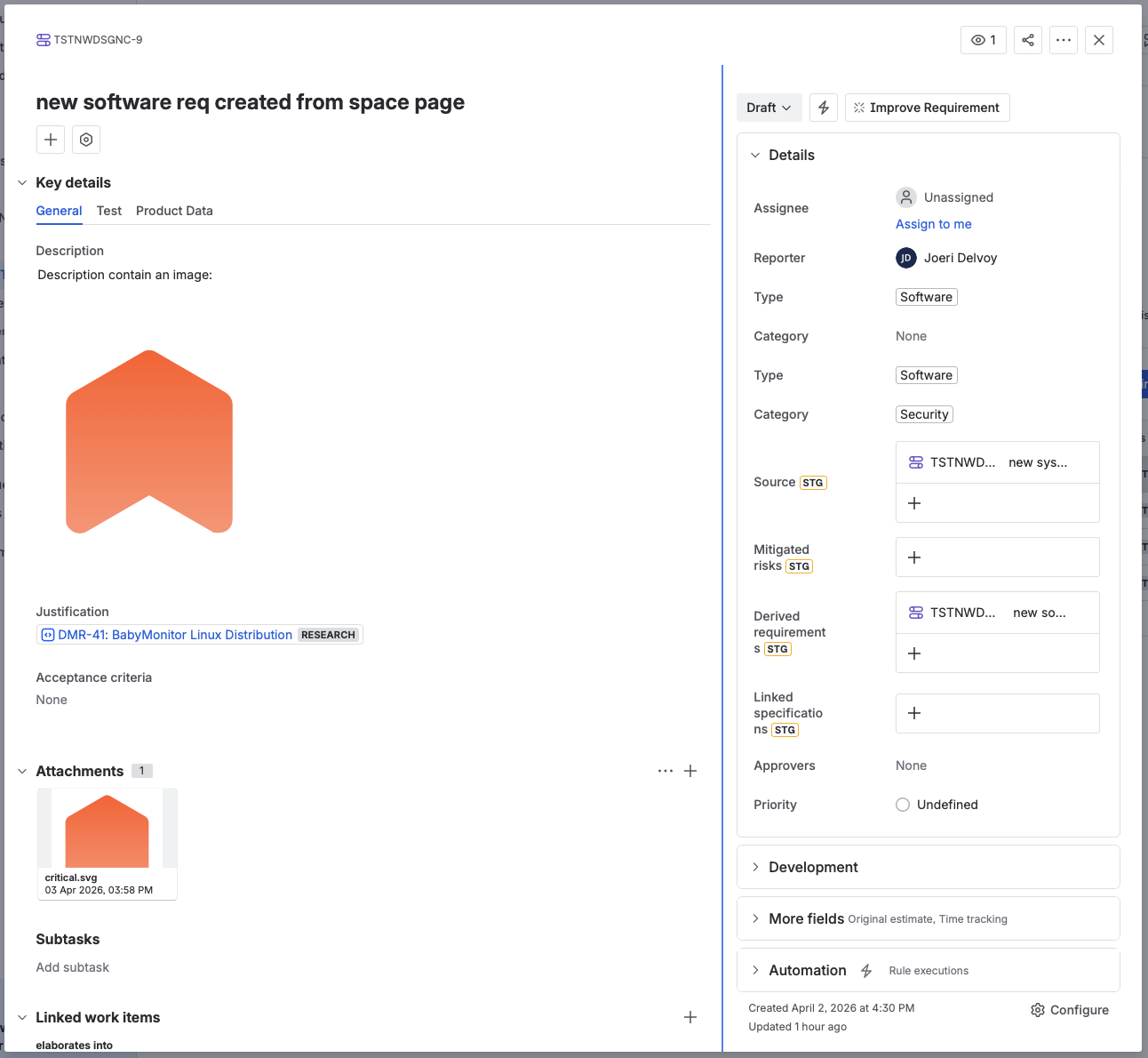 The opened requirement, with its Key details tabs on the left and the Details panel, including Type, Category, Source, and Derived Requirements, on the right.