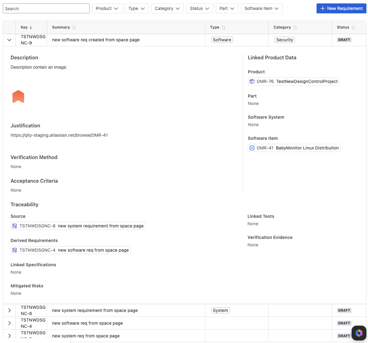 The requirements table with its filter bar, and one row expanded into the details panel, showing Description, Linked Product Data, Verification Method, Acceptance Criteria, and the full Traceability group: Source, Derived Requirements, Linked Specifications, Mitigated Risks, Linked Tests, and Verification Evidence.