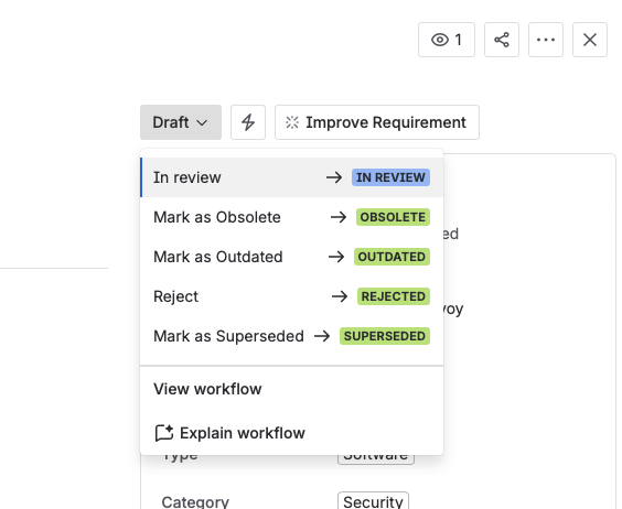 The status menu opened from Draft, offering In review alongside Mark as Obsolete, Mark as Outdated, Reject, and Mark as Superseded.