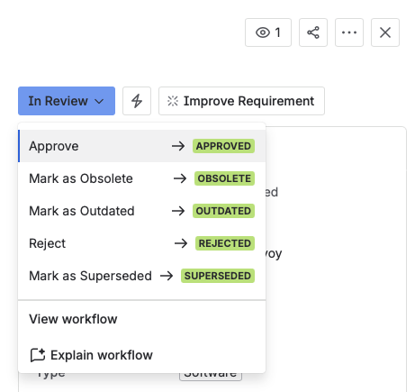 The status menu opened from In review, with Approve at the top of the list, above Mark as Obsolete, Mark as Outdated, Reject, and Mark as Superseded.