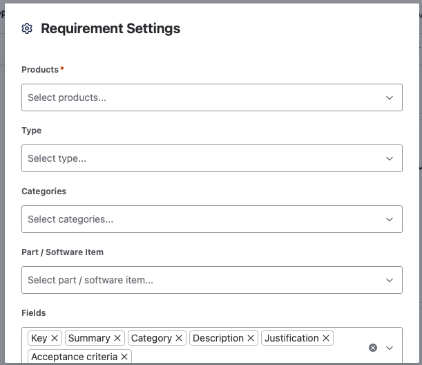 The Requirements macro settings, with Products required, optional Type, Categories, and Part / Software Item filters, and the Fields to include, such as Key, Summary, Category, Description, Justification, and Acceptance criteria.