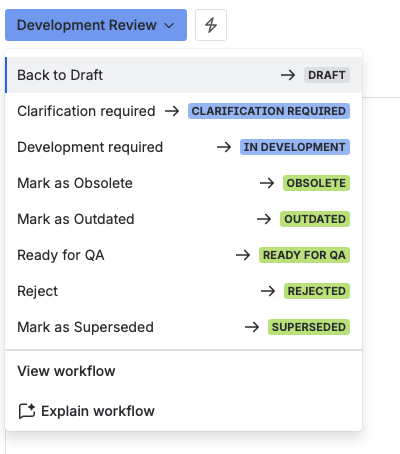 The status menu opened from Development review, offering Ready for QA to hand off to testing, Development required to send it back, Back to Draft, Clarification required, and the four terminal transitions.