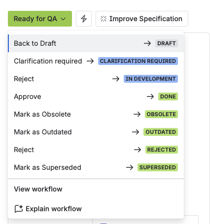 The status menu opened from Ready for QA, offering Approve to Done, Back to Draft, two separate Reject options (one back to In development, one to the terminal Rejected status), and the Outdated, Obsolete, and Superseded transitions.