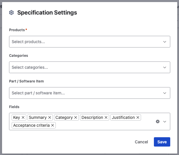 The Specification Settings dialog, with Products, Categories, and Part / Software Item filters above the list of Fields to include.