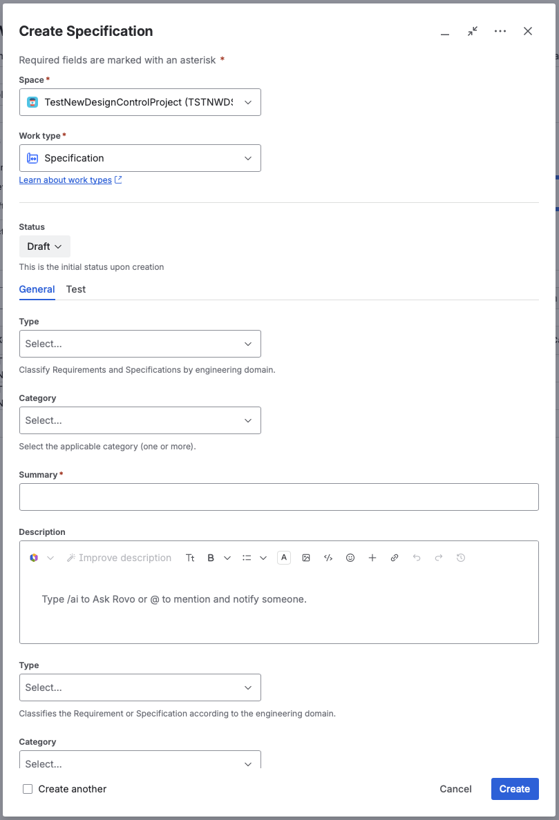 The Create Specification wizard, with fields for Summary, Description, Type, and Category alongside a Test tab.