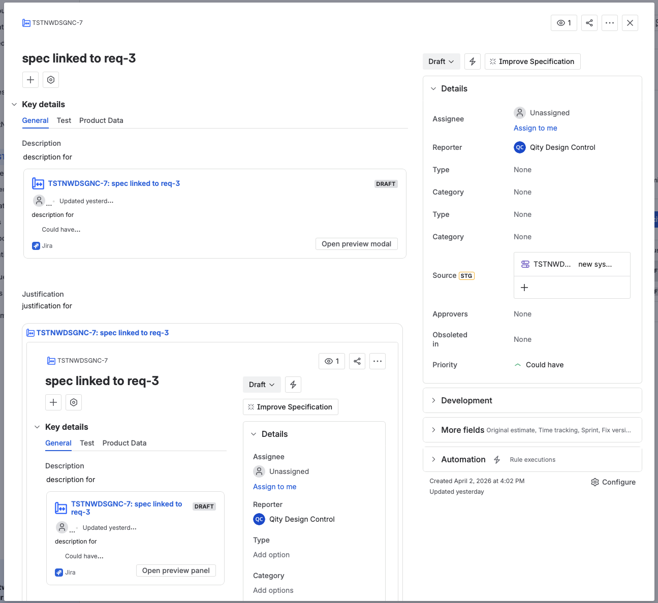 The specification work item, with its General, Test, and Product Data tabs under Key details, and the Details column holding Type, Category, Source, Approvers, Obsoleted in, and Priority.