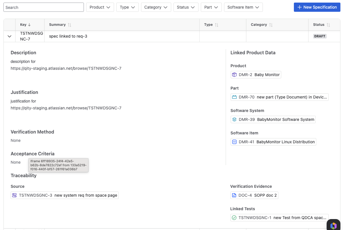 The Specifications table with its filter bar, and one row expanded into the details panel: Description, Justification, Verification Method, and Acceptance Criteria on the left, the Traceability links and Linked Product Data on the right.