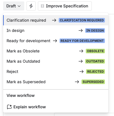 The status menu opened from Draft, with In design and Ready for development alongside Clarification required and the Outdated, Obsolete, Rejected, and Superseded transitions.