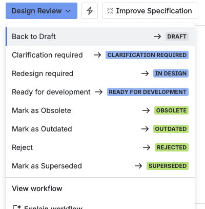 The status menu opened from Design review, offering Ready for development, Redesign required back to In design, Back to Draft, Clarification required, and the four terminal transitions.