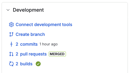 The Development panel on a specification, listing Create branch, two commits, two merged pull requests, and two builds.