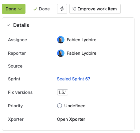 The details panel on a specification, with Fix versions set to 1.3.1 alongside the sprint and priority.