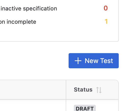 The New Test button above the Tests table, under the warning counters for inactive and incomplete items.