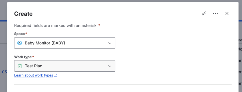 The Create dialog, with the Space set and Work type set to Test Plan.