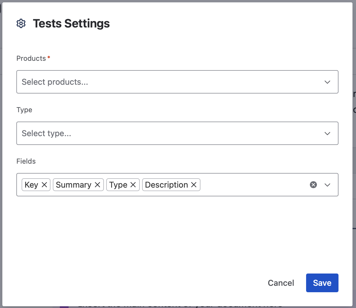 The Tests Settings dialog, with Products, Type, and Fields set to Key, Summary, Type, and Description.