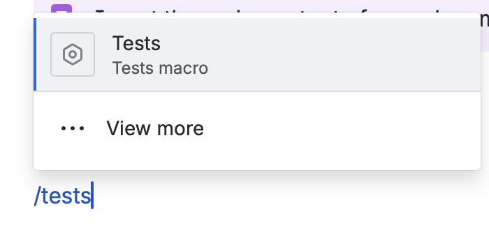 The /tests slash command, with the Tests macro as the suggested match.