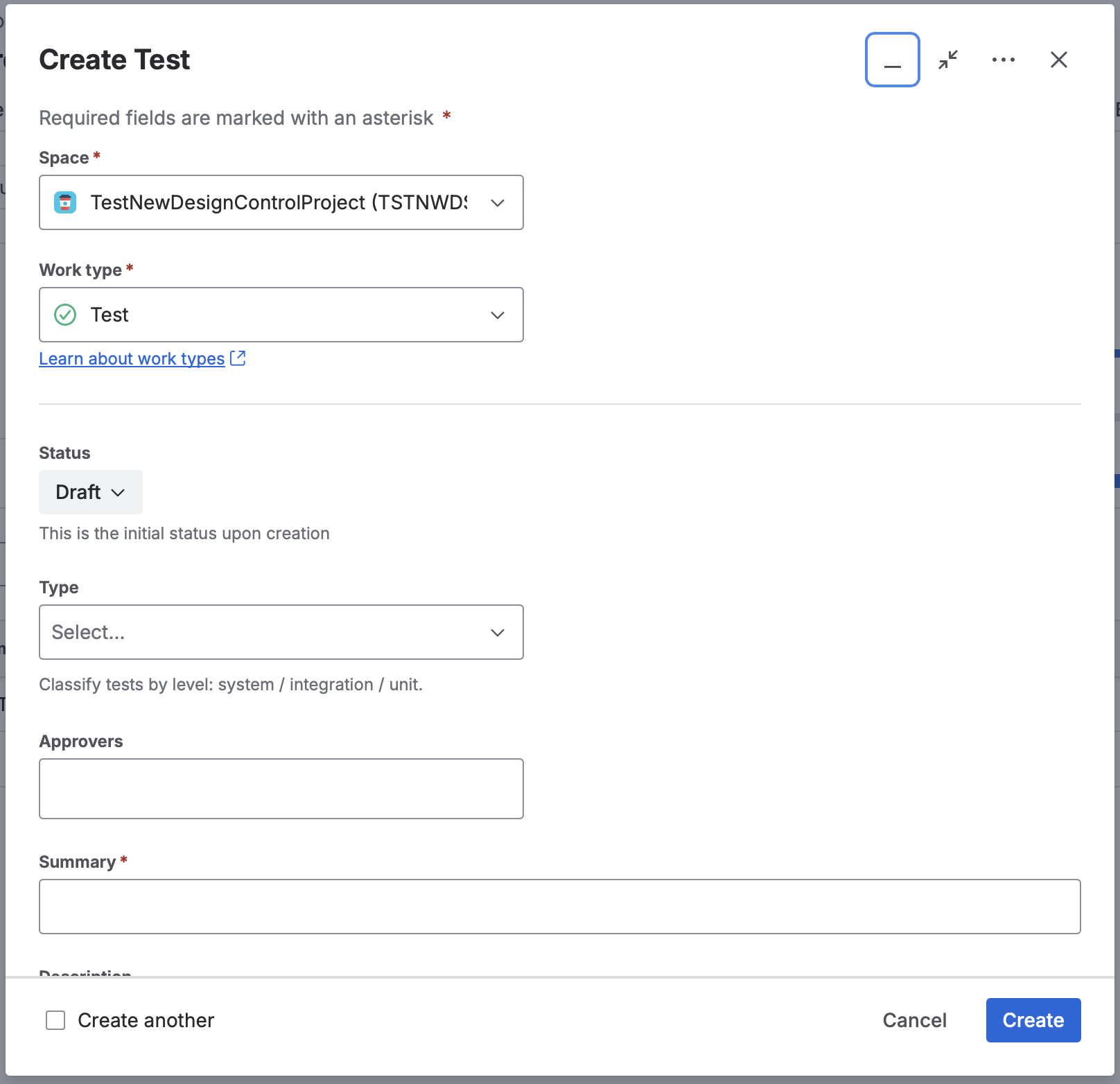 The Create Test dialog, with Space, Work type, Type, Approvers, and Summary.