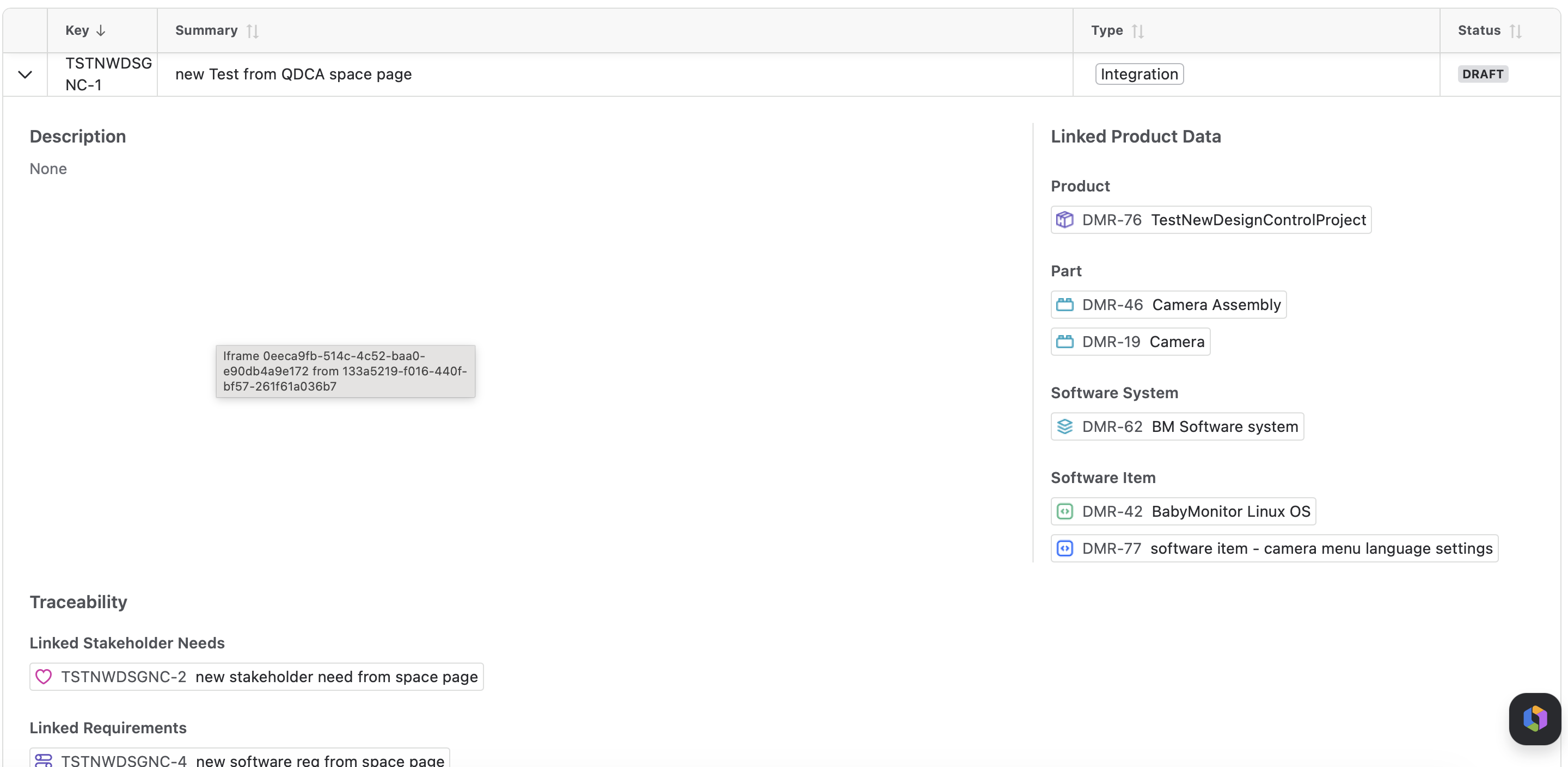 The opened test, showing its Description, Linked Product Data, and the start of its Traceability section.
