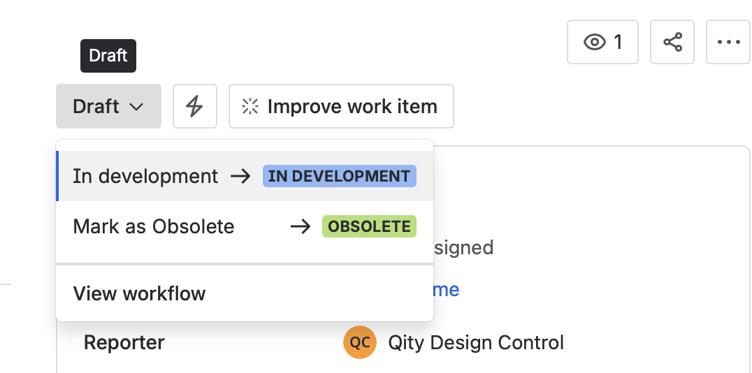 The status dropdown on a Draft test, with In development and Mark as Obsolete as the two available transitions.
