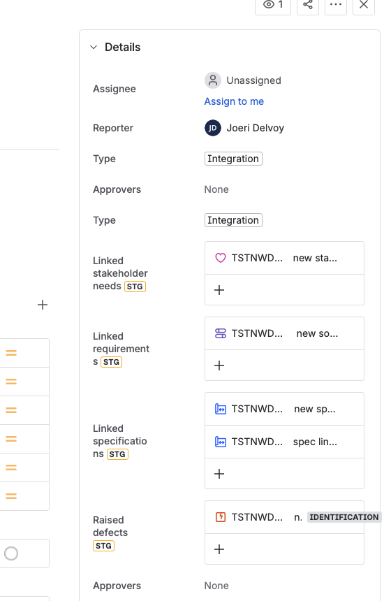 The test’s details panel, with its linked stakeholder needs, requirements, and specifications.