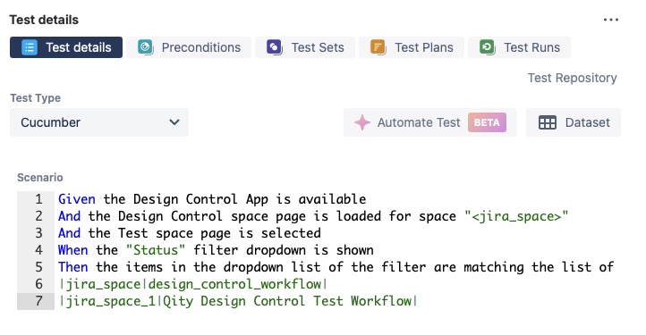 The Xray Test details panel, with Test Type set to Cucumber and a Given / When / Then scenario.