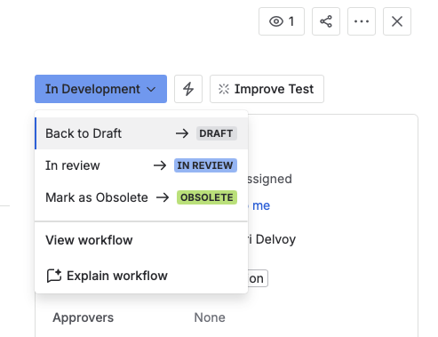 The status dropdown on a test In Development, with In review, Back to Draft, and Mark as Obsolete as the available transitions.