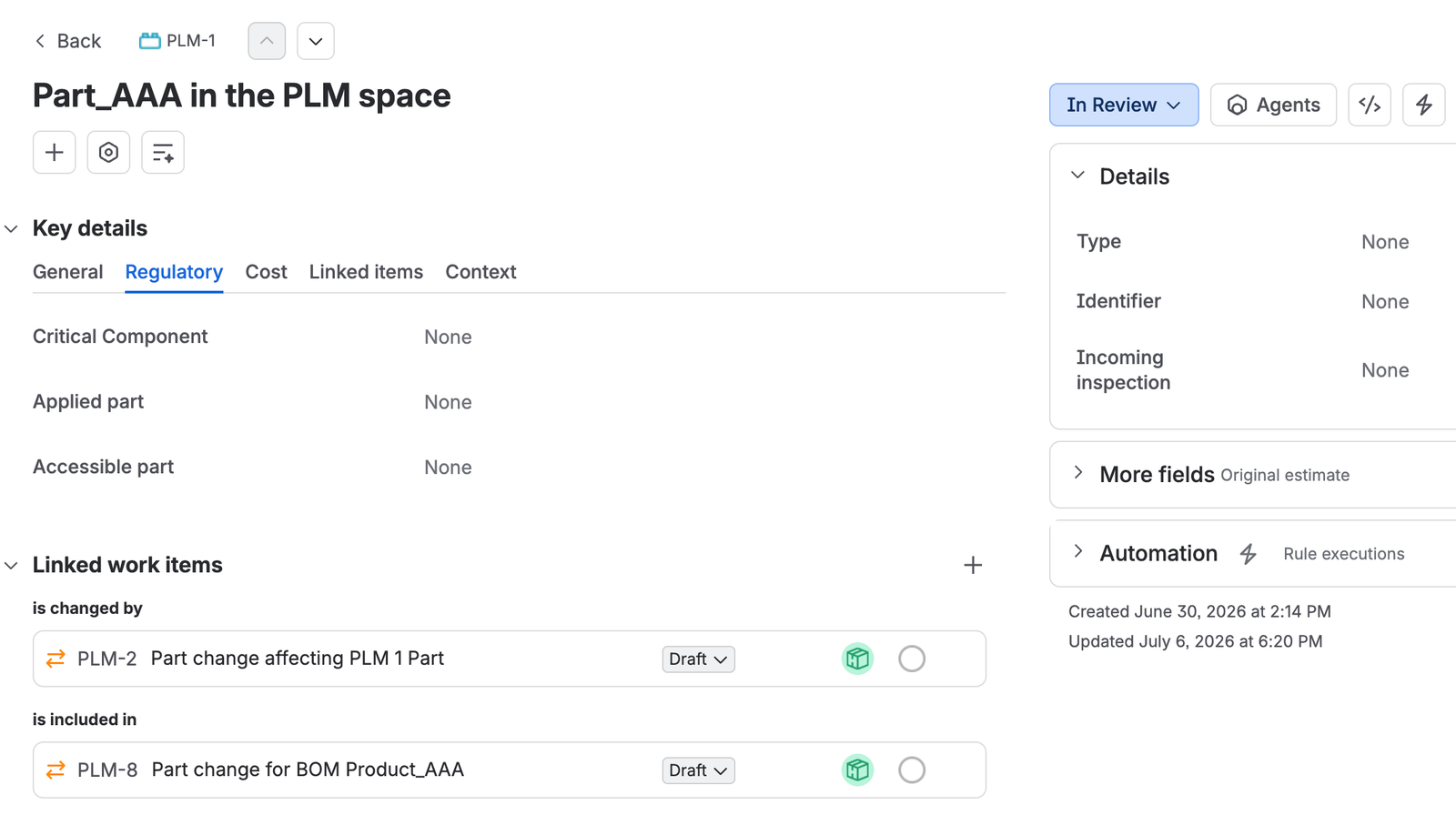A part work item on its Regulatory tab, showing critical component, applied part, and accessible part, with type, identifier, and incoming inspection in the details panel, and both linked part changes below: one it is changed by, one it is included in.