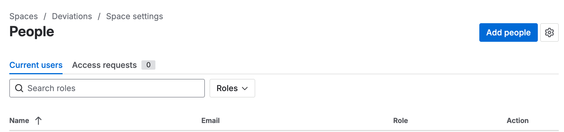 The People page in a space’s settings, on the Current users tab, with Add people at the top right and a Role column for each user.