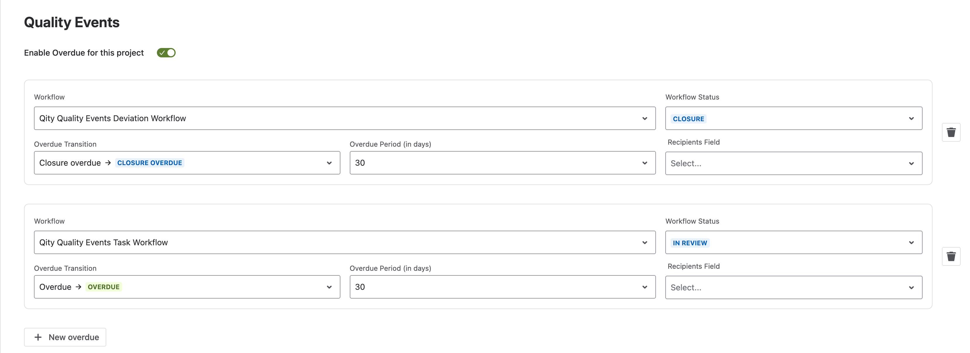 Two overdue rules for a project: one on the Deviation workflow’s Closure status, one on the Task workflow’s In review status, each set to a 30-day period with an overdue transition and a recipients field.