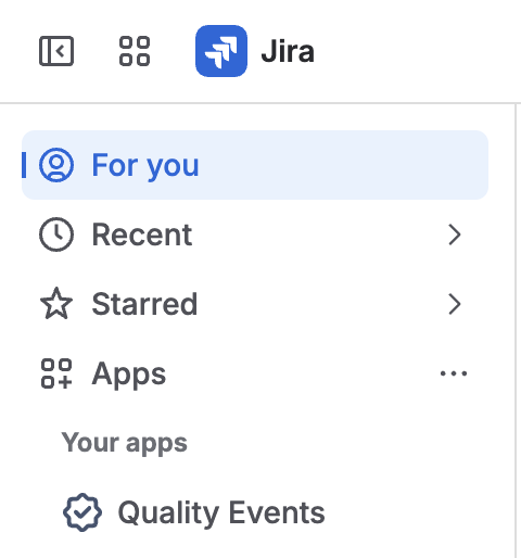 The Jira Apps menu open from the side menu, with Quality Events listed under Your apps.